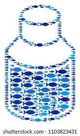 Fish vial composition in blue color variations. Vector fish symbols are formed into vial collage. Eco abstract design.