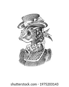 Fish victorian lady. Woman in hat and suit. Fashion animal character. Hand drawn sketch. Vector engraved illustration for label, logo and T-shirts or tattoo.