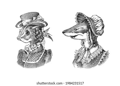 Fish victorian lady. Woman in hat and suit. Fashion animal character. Hand drawn sketch. Vector engraved illustration for label, logo and T-shirts or tattoo.