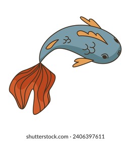 Fish. View from above. Vintage style, not goldfish. Vector illustration, cartoon, line, flat style
