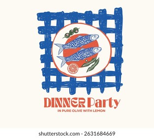 Fish vintage artwork. Sardines love club. In pure olive and lemon. Dinner party. Sardines fish artwork for t shirt print, poster, sticker and other uses.