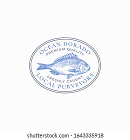 Fish Vintage Frame Badge or Logo Template. Hand Drawn Wild Ocean Dorado Sketch Emblem with Retro Typography. Isolated.