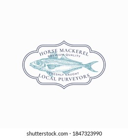 Fish Vintage Frame Badge or Logo Template. Hand Drawn Wild Horse Mackerel Sketch Emblem with Retro Typography. Isolated.