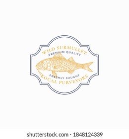 Fish Vintage Frame Badge or Logo Template. Hand Drawn Wild Surmullet Sketch Emblem with Retro Typography. Isolated.
