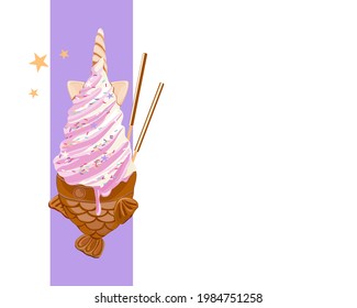  Fish wafer ice cream cone with strawberry and vanilla decoration with unicorn style and chocolate sticks. Korean ice cream. Anime food illustration. Authentic pastel ice cream and snack.