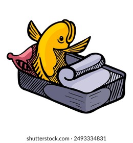 fish wake up from sleep in canned packaging hand drawn color vector illustration