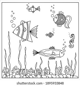 Fish in water with algae and corals. Coloring book. Vector