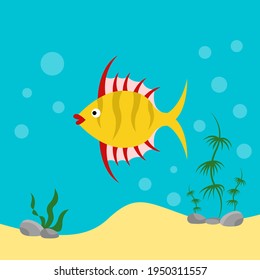Fische im Wasser unter Algen. Vektorgrafik im Flachbildkarikaturstil