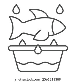 Fish at water basket concept. Vector graphics. fishery concept. Vector graphics. Washing fish sign on white background, outline style icon for mobile or web design