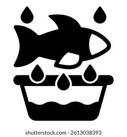 Fish at water basket concept. Vector graphics. fishery concept. Vector graphics. Washing fish sign on white background, glyph style mobile or design