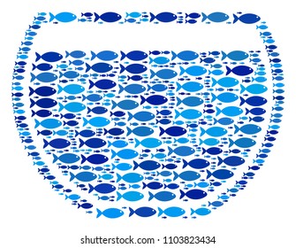 Fish water bowl collage in blue color shades. Vector fish pictograms are combined into water bowl illustration. Nautical abstract design.