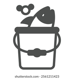 Fish in water bucket solid icon, fishing, fishery concept. Vector graphics. Full bucket of fish sign on white background, glyph style icon for mobile or web design