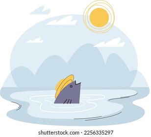 Fische in Wasser Cartoon Karpfen in den Hut kam auf die Oberfläche und sieht helle Sonne. Flat-Fischen Web-Symbol. Naturlandschaft mit Fluss oder See und Fingerling. Konzept der globalen Erwärmung und des Klimawandels,