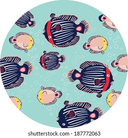 Fish in water pattern in a circular frame. Dark blue and pink fish.