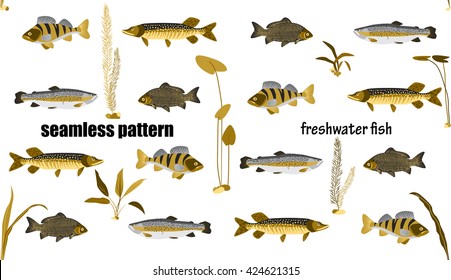 Fish and water plants seamless pattern. Monochrome flat vector background.