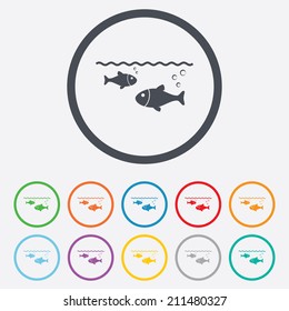 Fish in water sign icon. Fishing symbol. Round circle buttons with frame. Vector