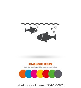 Fish in water sign icon. Fishing symbol. Classic flat icon. Colored circles. Vector