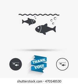 Fish in water sign icon. Fishing symbol. Flat icons. Buttons with icons. Thank you ribbon. Vector