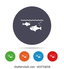 Fish in water sign icon. Fishing symbol. Round colourful buttons with flat icons. Vector