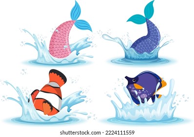 Fish water splash nature, sea fishing vector animal, ocean background.