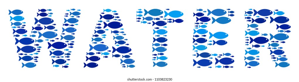Fish water text composition in blue color hues. Vector fish pictograms are shaped into water text illustration. Organic abstract design.