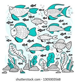 Fish in the water. Vector drawing made in doodle style.