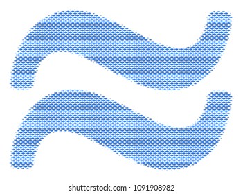 Fish water waves halftone mosaic. Vector fish symbols are organized into water waves mosaic. Nautical design concept.