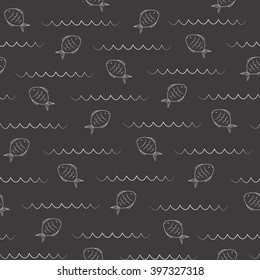 Fish and water waves. Sea, ocean, river, lake. Seamless pattern. Vector illustration of a nautical theme.
