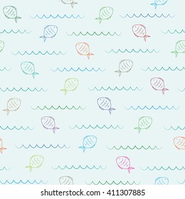 Fish and water waves. Sea, ocean, river, lake. Seamless pattern. Vector illustration of a nautical theme.