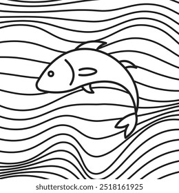 Peces en agua, líneas onduladas, dibujo de contorno, estilo minimalista, ilustración abstracta.