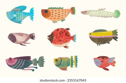 Fish, watercolor painting. animal cartoon vector illustration collection. isolated on a white background.