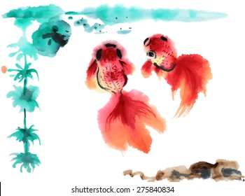 Fish watercolor. Vector Image.