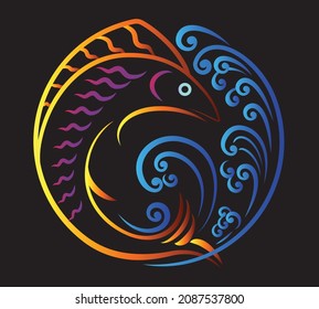 Pescado y oleaje. Dibujo caligráfico. Gráficos vectoriales