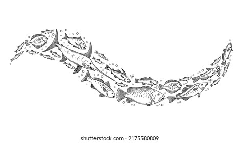 Fish wave composition. Decorative flock of fish. Vector illustration of school of fish.