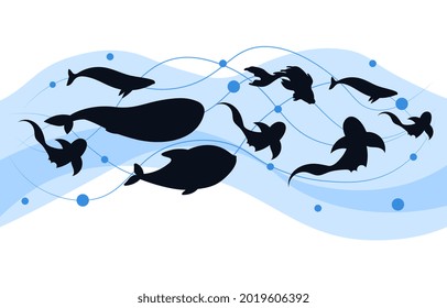 Fish wave concept. Different marine life swim in water stream. Decorative flock of fish. Logo design template. Dark silhouettes of fish. Cartoon flat vector illustration isolated on white background