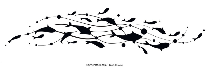 Рыбная волна. Декоративная стая рыбы. Шаблон дизайна логотипа. Векторная иллюстрация.
