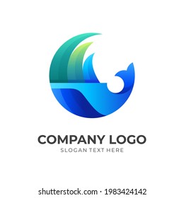 fish wave logo, fish and wave, combination logo with 3d blue and green color style