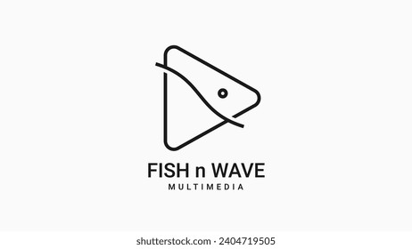 Fish and wave play button minimalist outline vector logo design