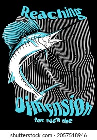 Fisch mit Wellen und Slogan-Illustration. Vektorgrafik für den T-Shirt-Druck und andere Anwendungen. 