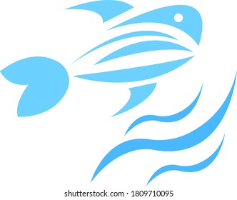 Fisch und Wellen auf weißem Hintergrund. Künstliches Logo für Meeresfrüchte und Design der Fischerei