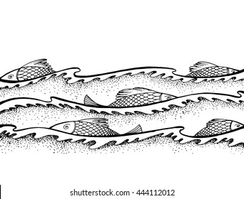 Fish in the waves. Sea fish. Storm in the ocean. Line art. Black and white risuno by hand. Doodle. Zentangle. School of fish.