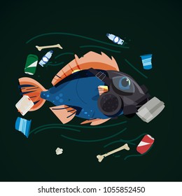 fish wearing gas mask swimming with full of garbage in the river  - vector illustration