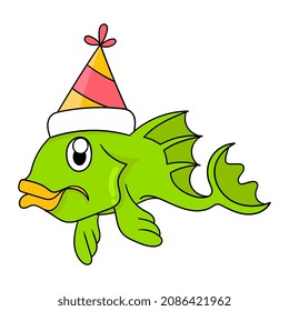 fish wearing new year celebration party hat, vector illustration art. doodle icon image kawaii.