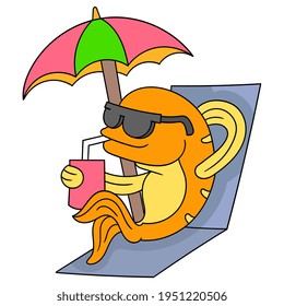 fish wearing sunglasses sitting sunbathing on the beach, vector illustration art. doodle icon image kawaii.