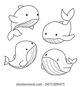 fish whale aquatic animals cartoon coloring book hand drawn illustration