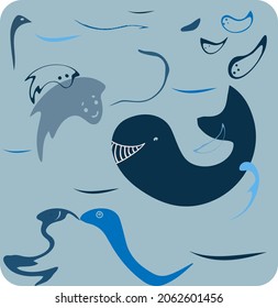 Fish whale and sea inhabitants, abstraction. Blue, gradient in water
