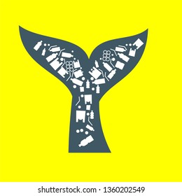 fish or whale tale ocean plastic pollution. Ecological poster. Whale composed of white plastic waste bag, bottle on blue background.