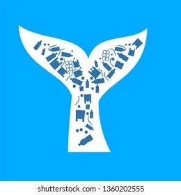 fish or whale tale ocean plastic pollution. Ecological poster. Whale composed of white plastic waste bag, bottle on blue background.