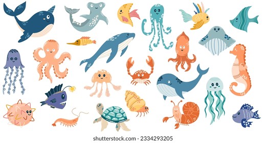 Fish and wild marine animals big collection. Set with hand drawn sea life elements. Vector doodle cartoon illustration of marine life objects for your design.