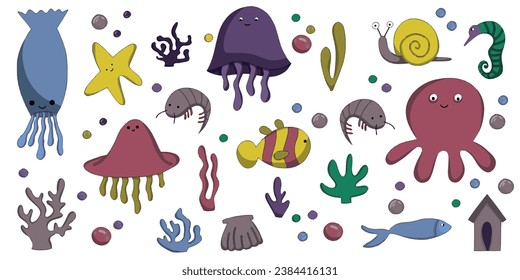 Fish and wild marine animals. Flat simple cartoon illustration on white background. Can be used for nursery design, wall stickers, greeting cards, social media icons